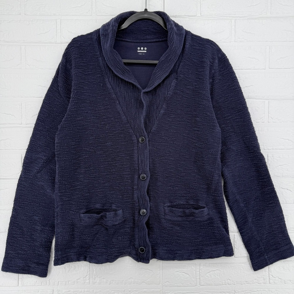 Three Dots Cardigan Sweater Mens Medium Navy Blue Shawl Collar Textured Knit
